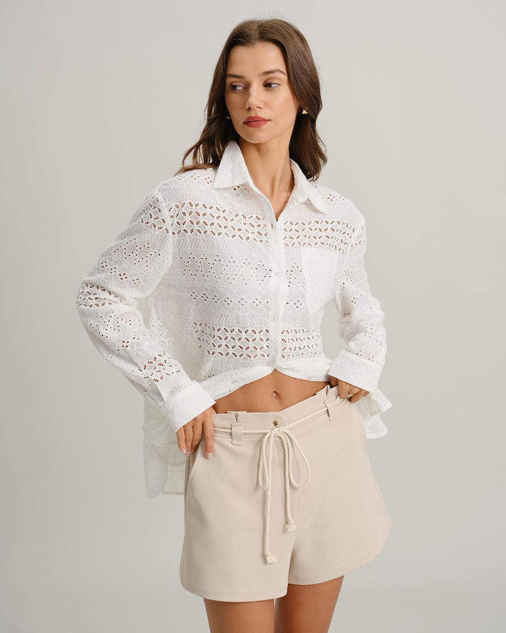 Shorts Beige Con Lazo Cintura Bolsillo