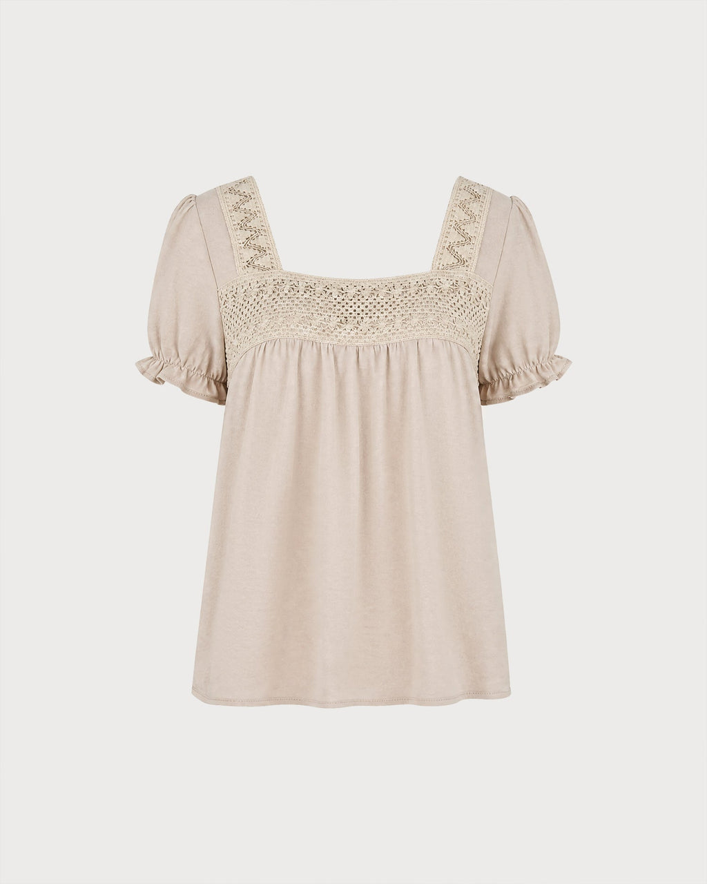 Camiseta Beige Cuello Cuadrado Empalme Fruncido