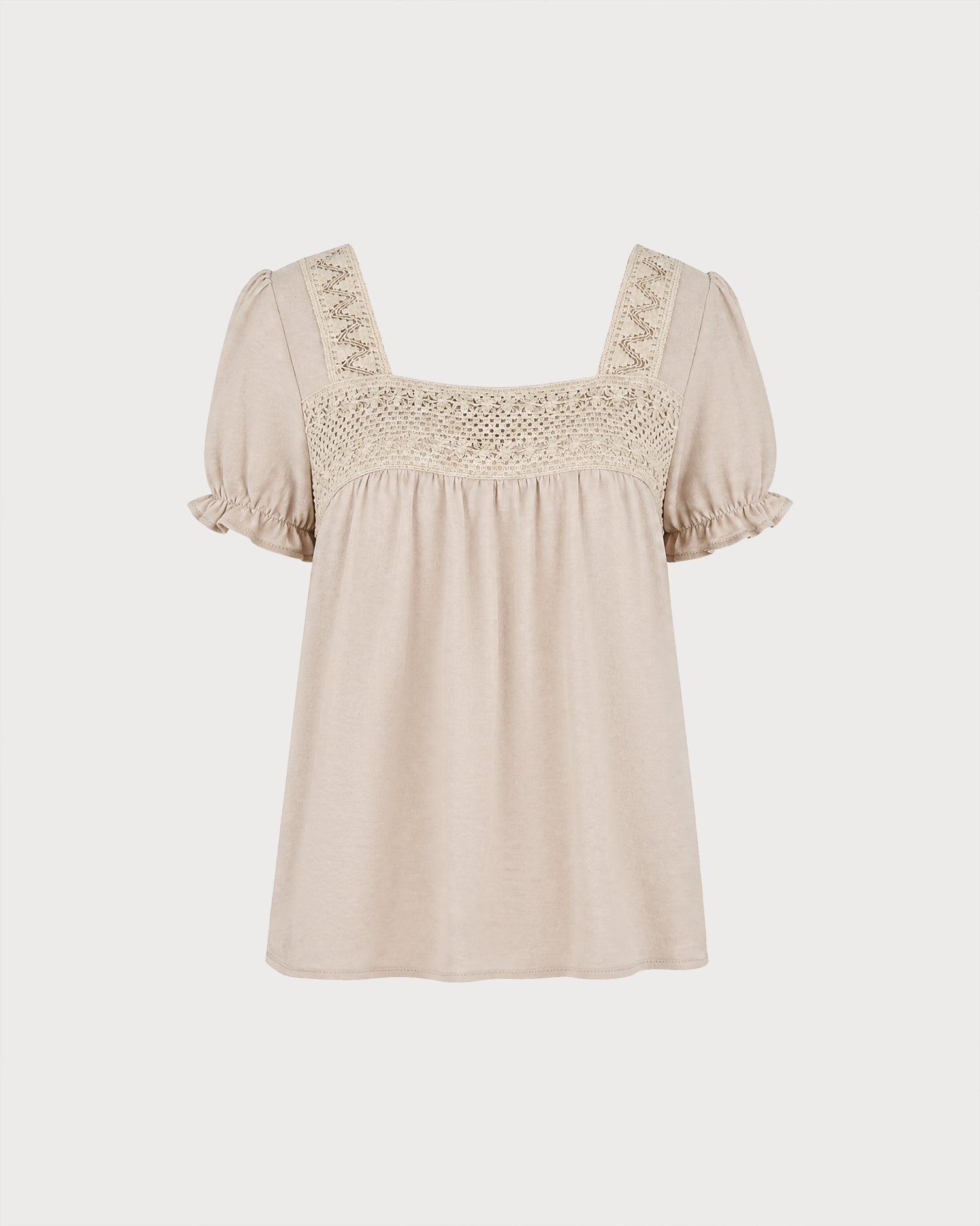 Camiseta Beige Cuello Cuadrado Empalme Fruncido