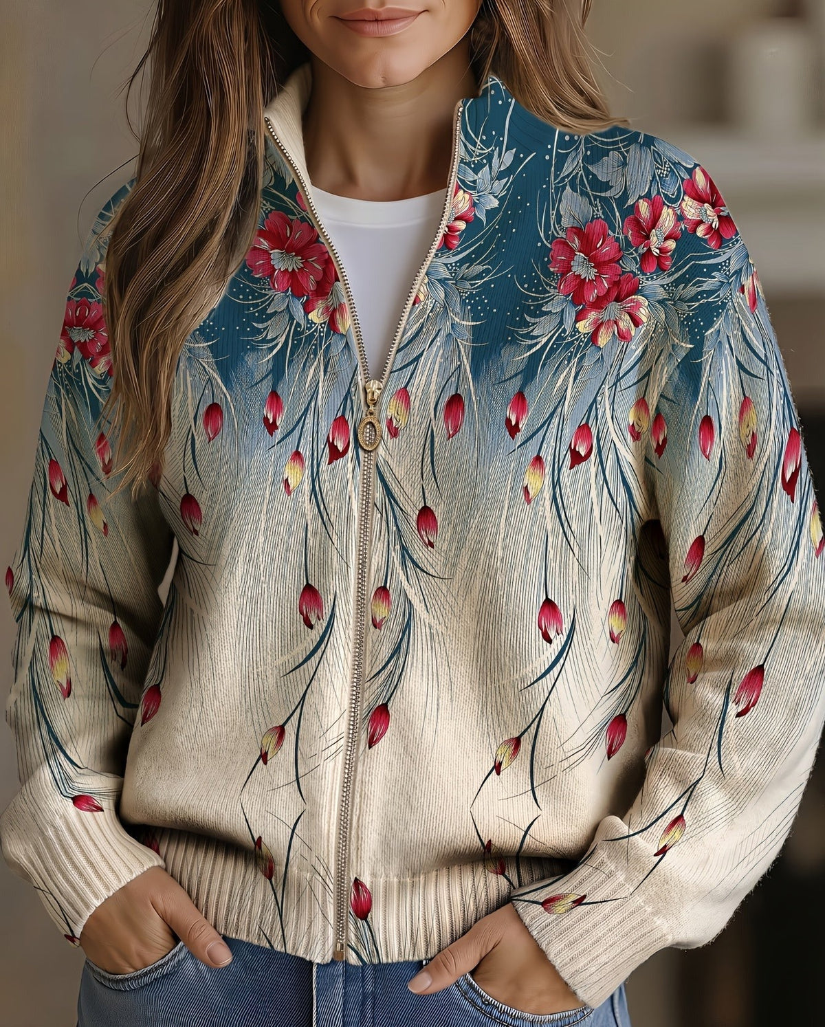 Zillah™ | Rebeca Estampado Degradado Floral de Plumas de Pavo Real